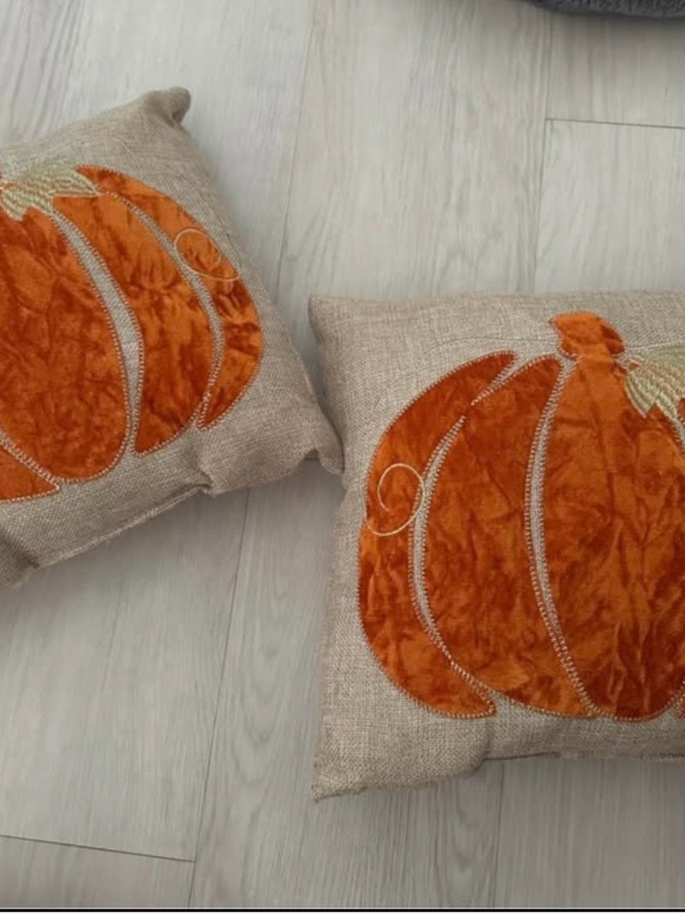 2 small throw Pumpkin Accent Pillows - Seasonal Velvet Appliqué